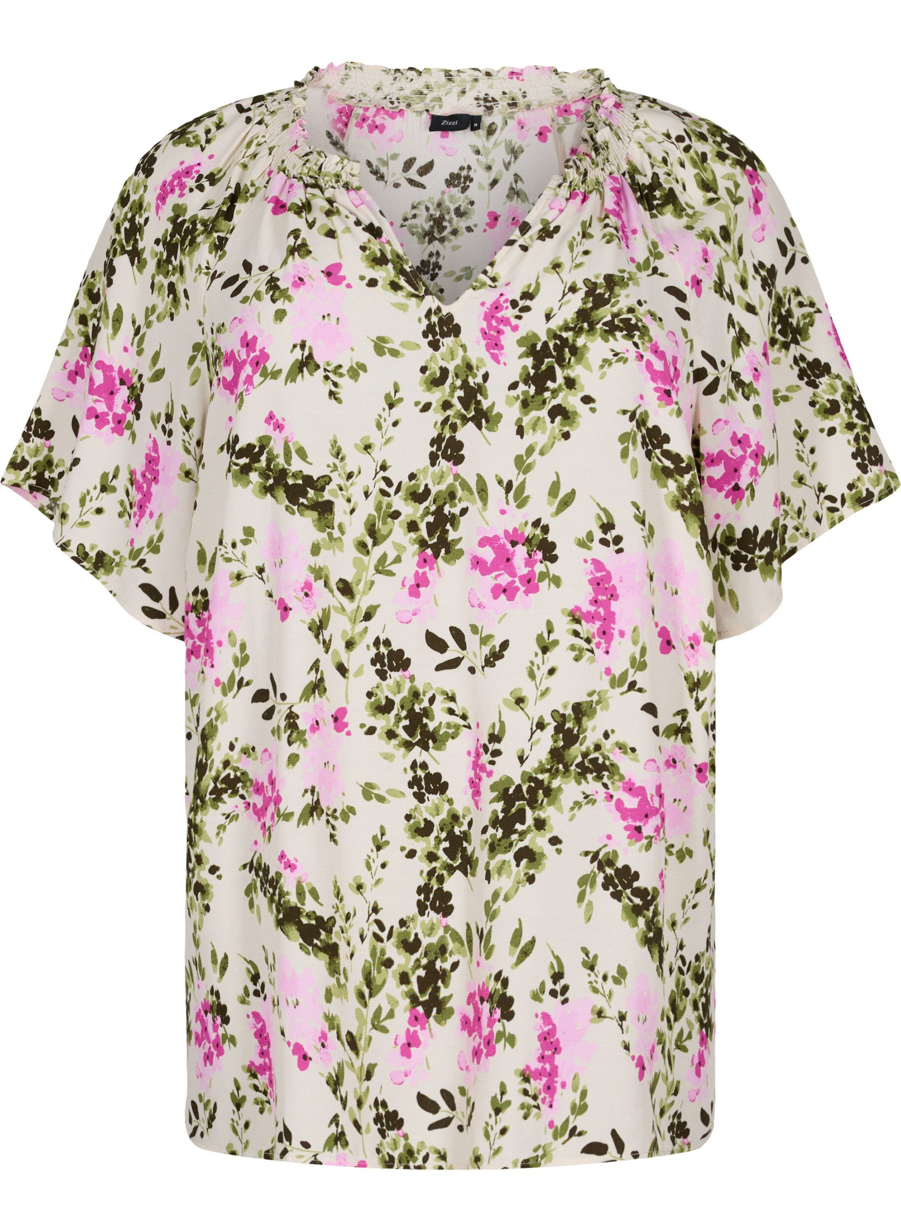 ZizziViskosebluse mit kurzen &Auml;rmeln, Green Pink AOP, Packshot image number 0