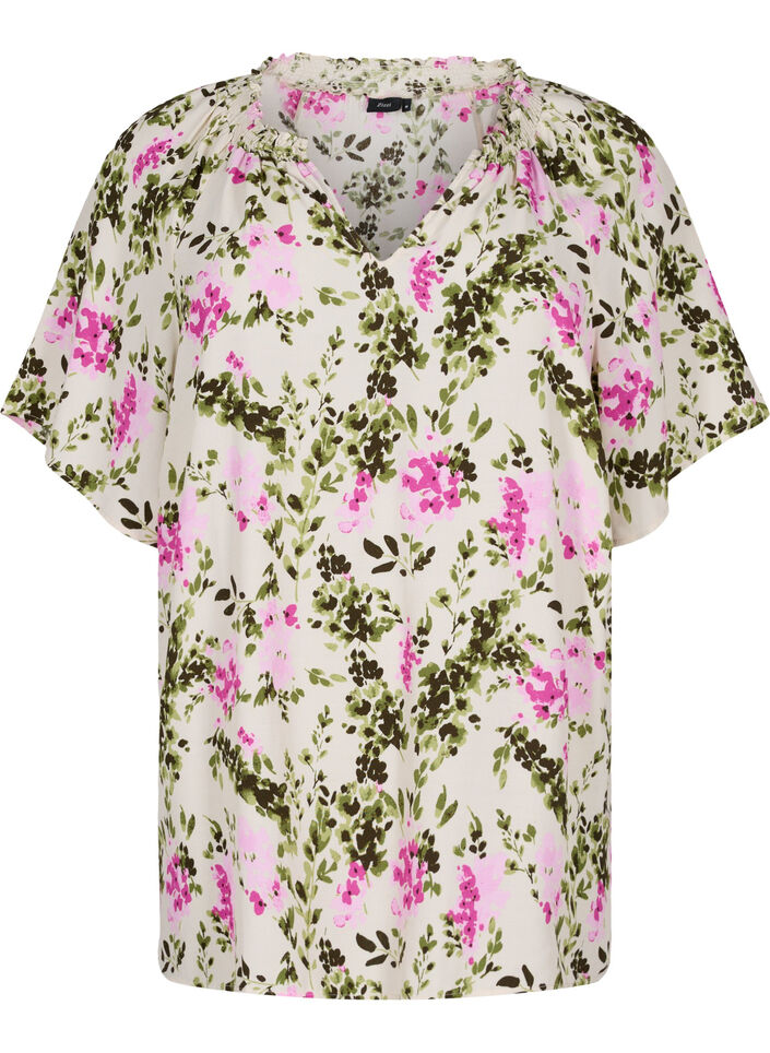 Viskosebluse mit kurzen Ärmeln, Green Pink AOP, Packshot image number 0