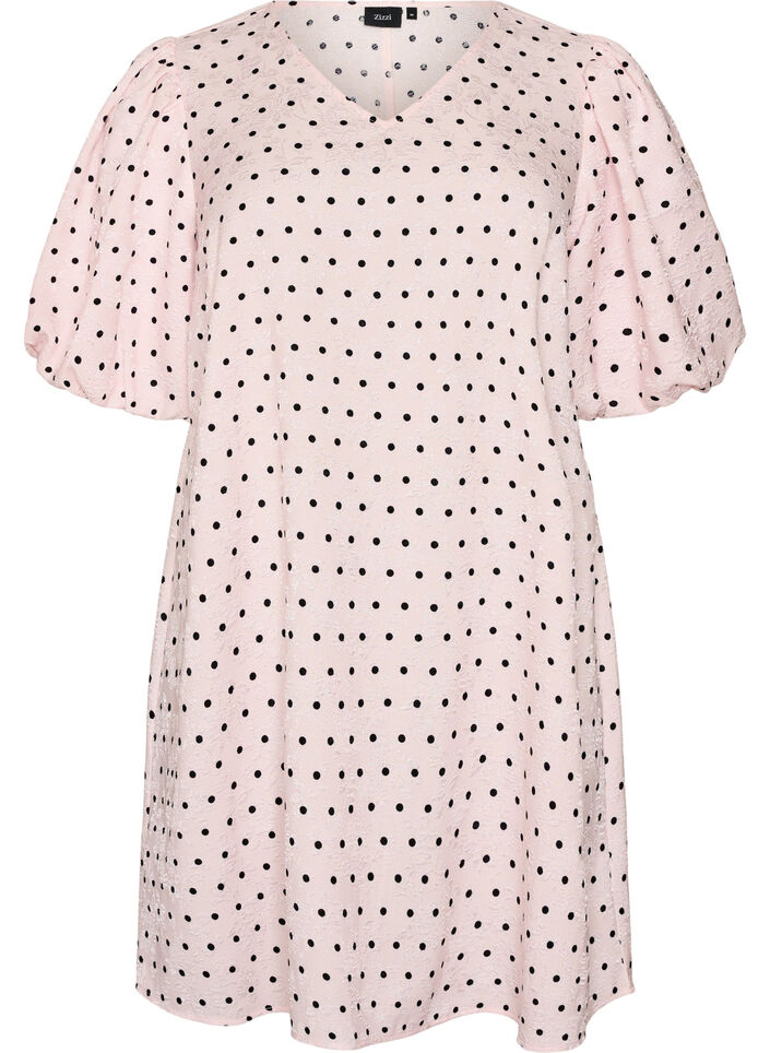 A-Linien-Kleid mit Polka Dots und Ballon&auml;rmeln, Pink, Packshot image number 0
