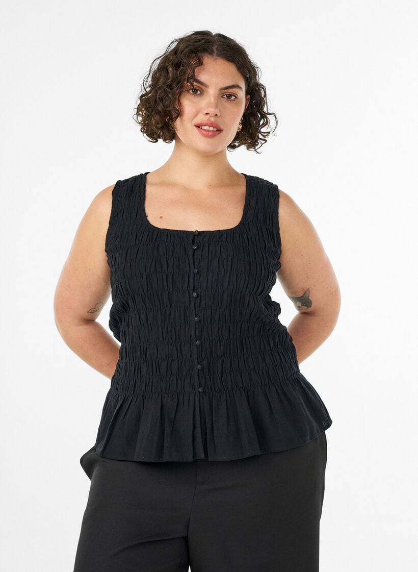 &Auml;rmelloses Top aus Baumwolle und Leinen mit Smock, Schwarz, Model image number 0