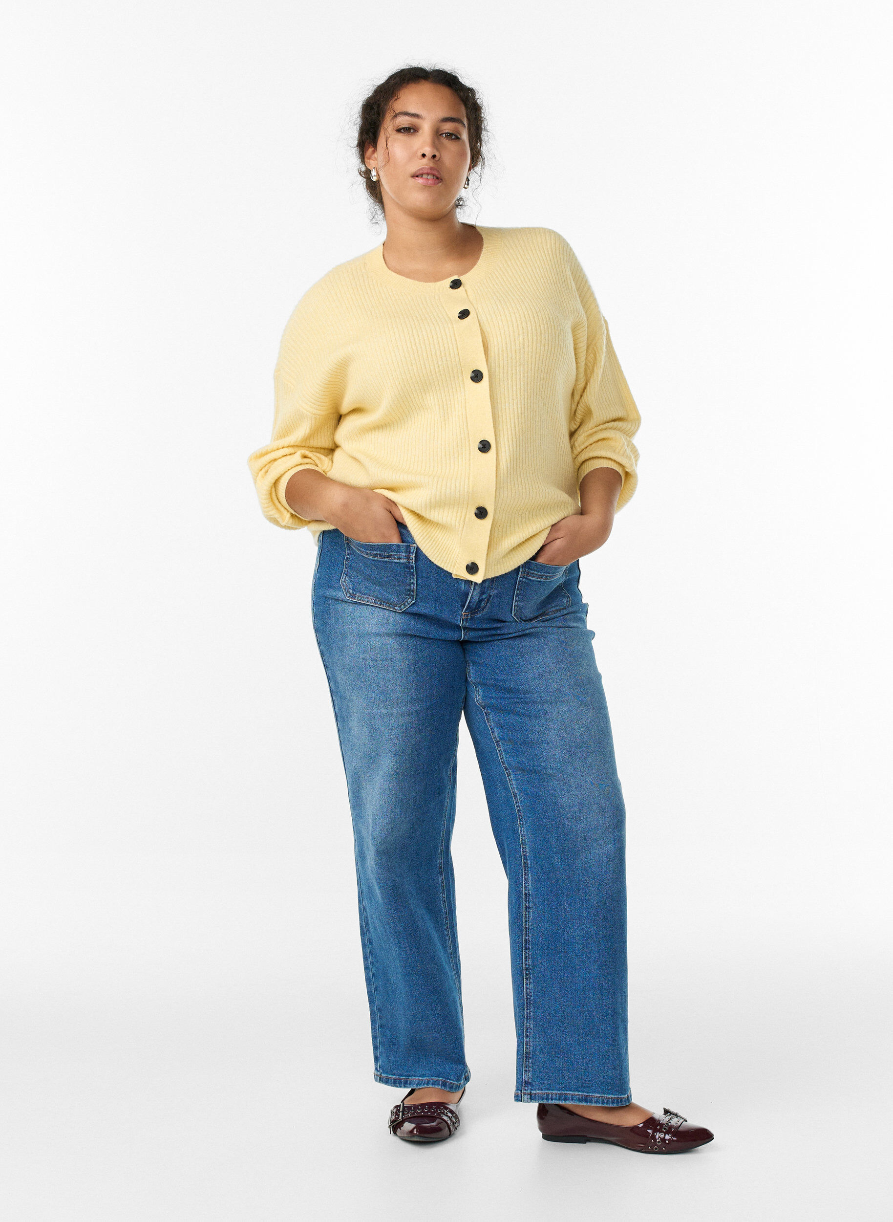 ZizziRippenstrick Strickjacke mit Kn&ouml;pfen, Gelb, Model image number 1