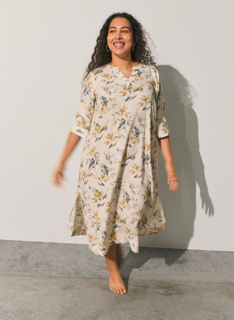 Midikleid aus Leinen und Viskose mit 1/2-&Auml;rmeln, Wei&szlig;, Image image number 0