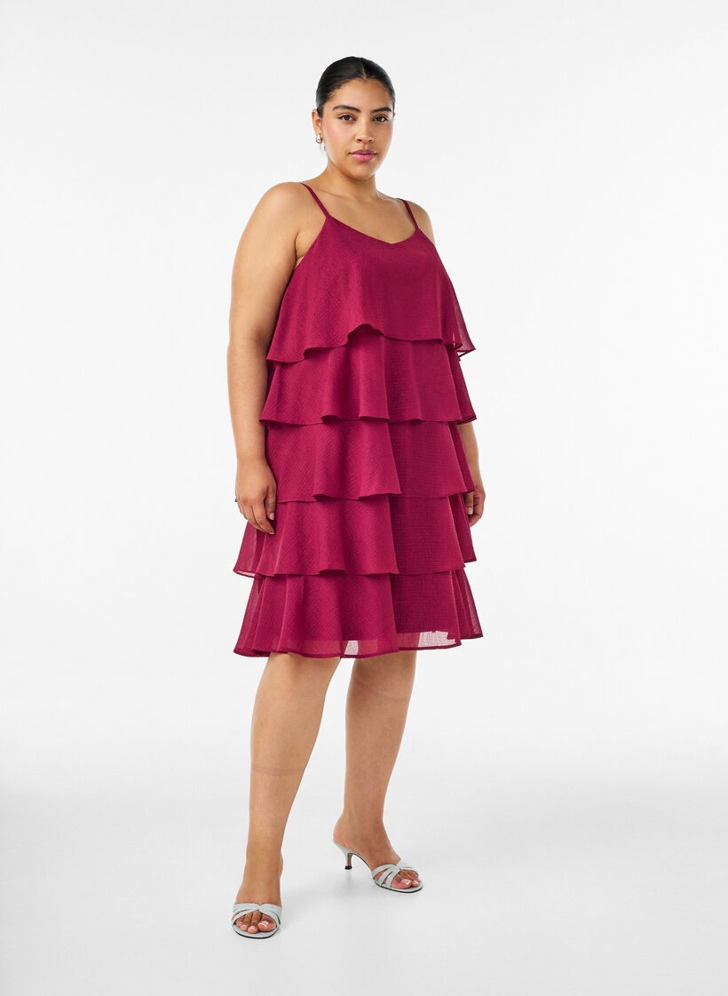 Lagenkleid mit R&uuml;schen und Spaghettitr&auml;gern, Rot, Model image number 1