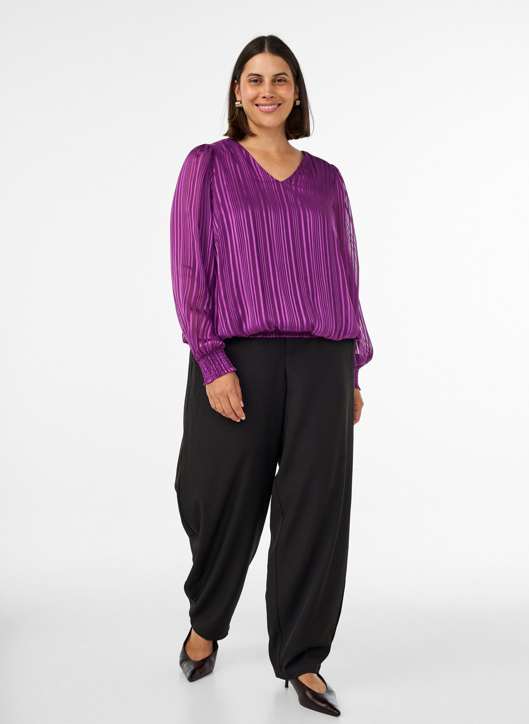 ZizziGestreifte Bluse in Ballonform, Lila, Model image number 1