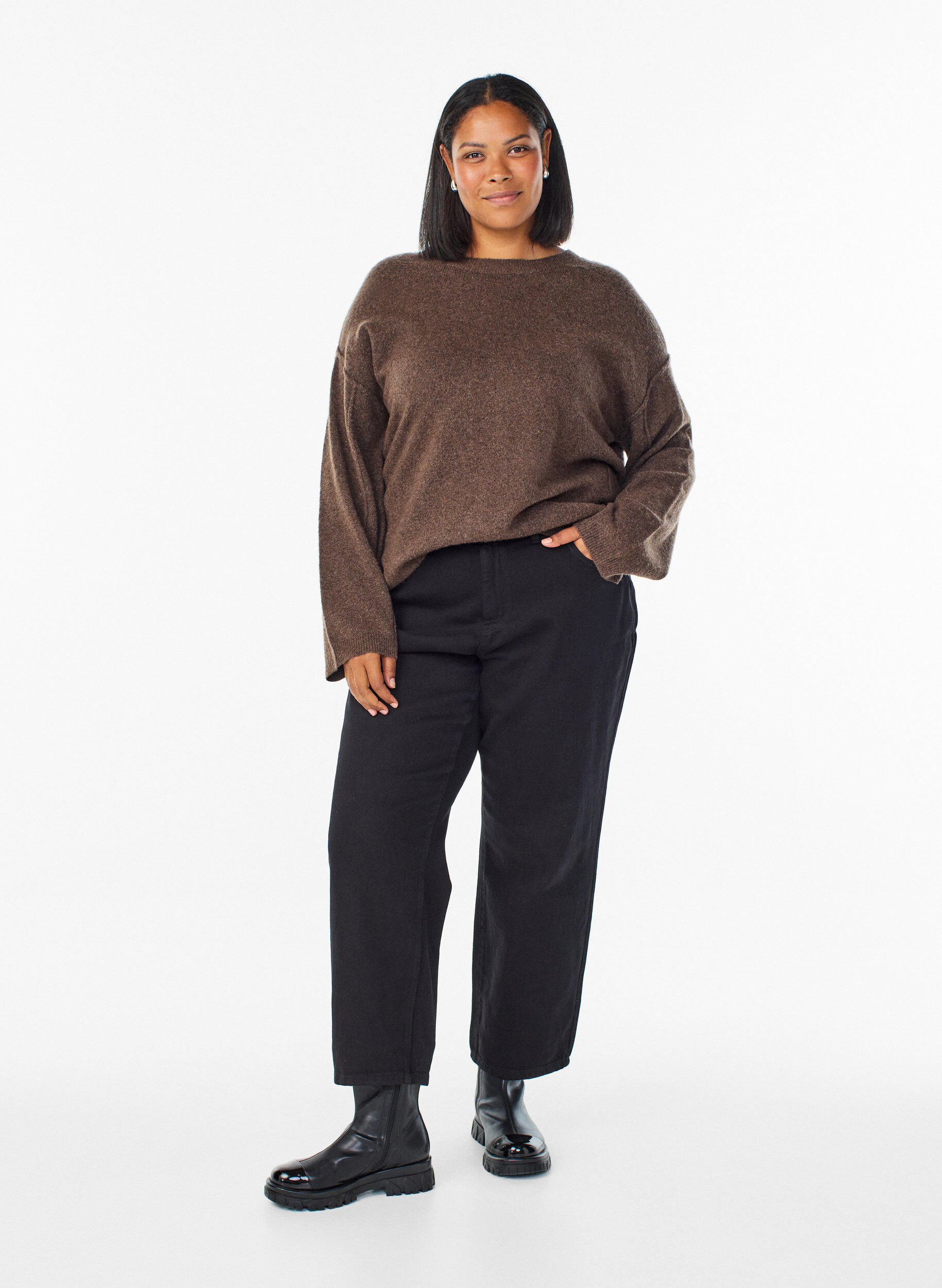 ZizziLockerer Strickpullover mit markanten N&auml;hten, Braun, Model image number 1