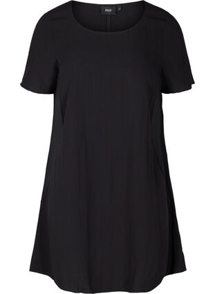 Kurzarm Viskosekleid mit Taschen, Black, Packshot image number 0