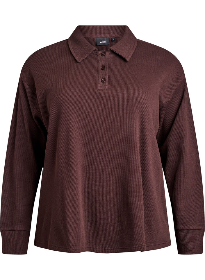 Langärmliges Poloshirt aus geripptem Jersey, Braun, Packshot image number 0