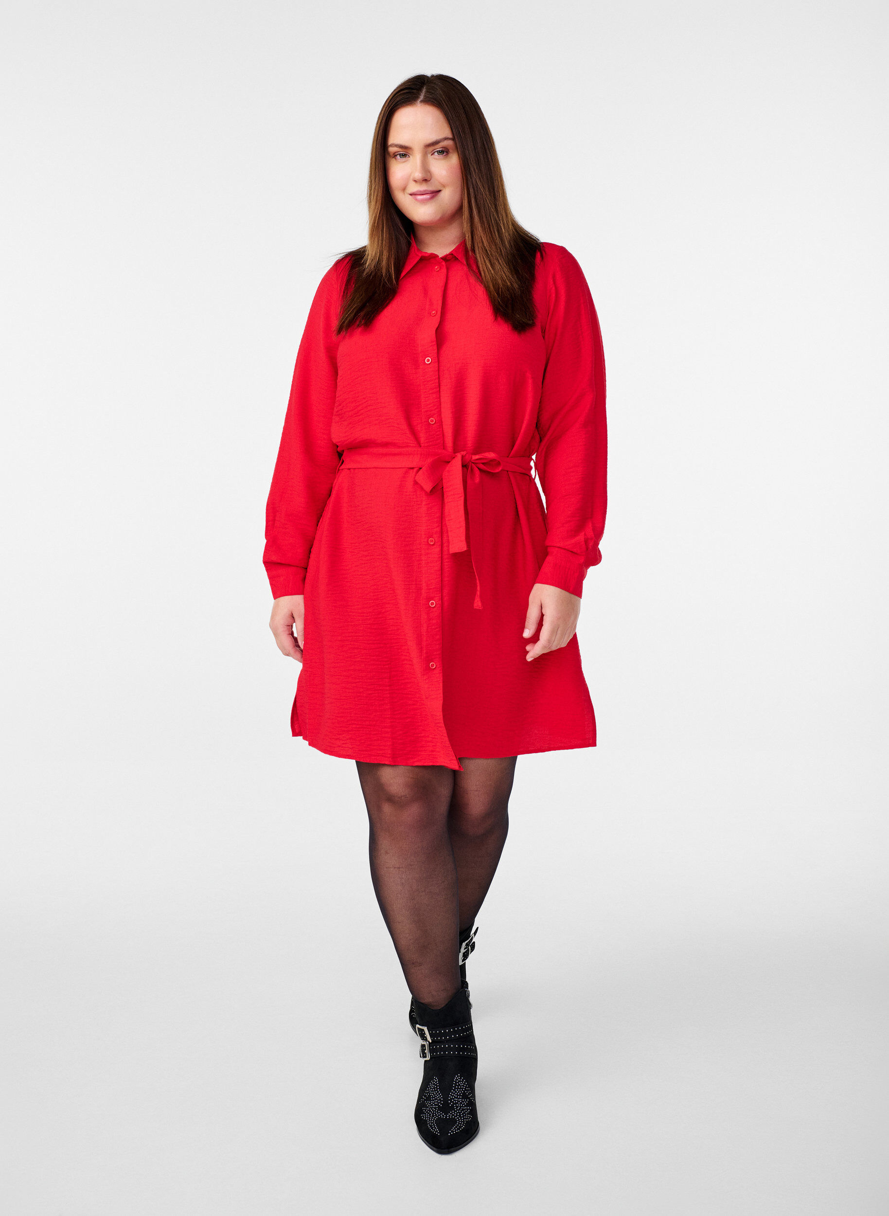 ZizziHemdblusenkleid mit Bindeg&uuml;rtel und langen &Auml;rmeln, Rot, Model image number 1