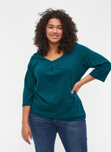 Einfarbige Bluse mit 3/4-Ärmel aus Baumwolle, Deep Teal, Model image number 0