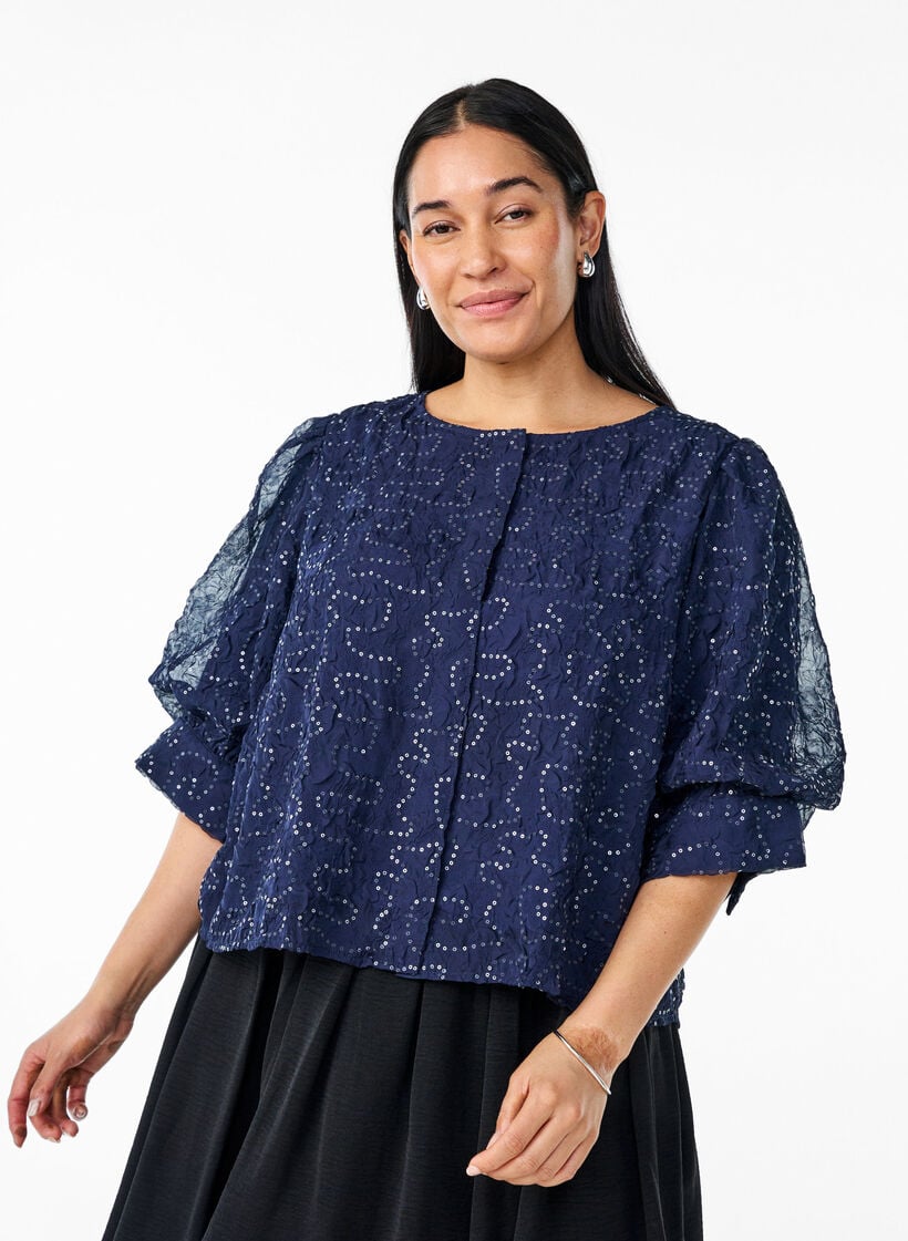 Partybluse mit Pailletten und halblangen Ärmeln, Blau, Model image number 0