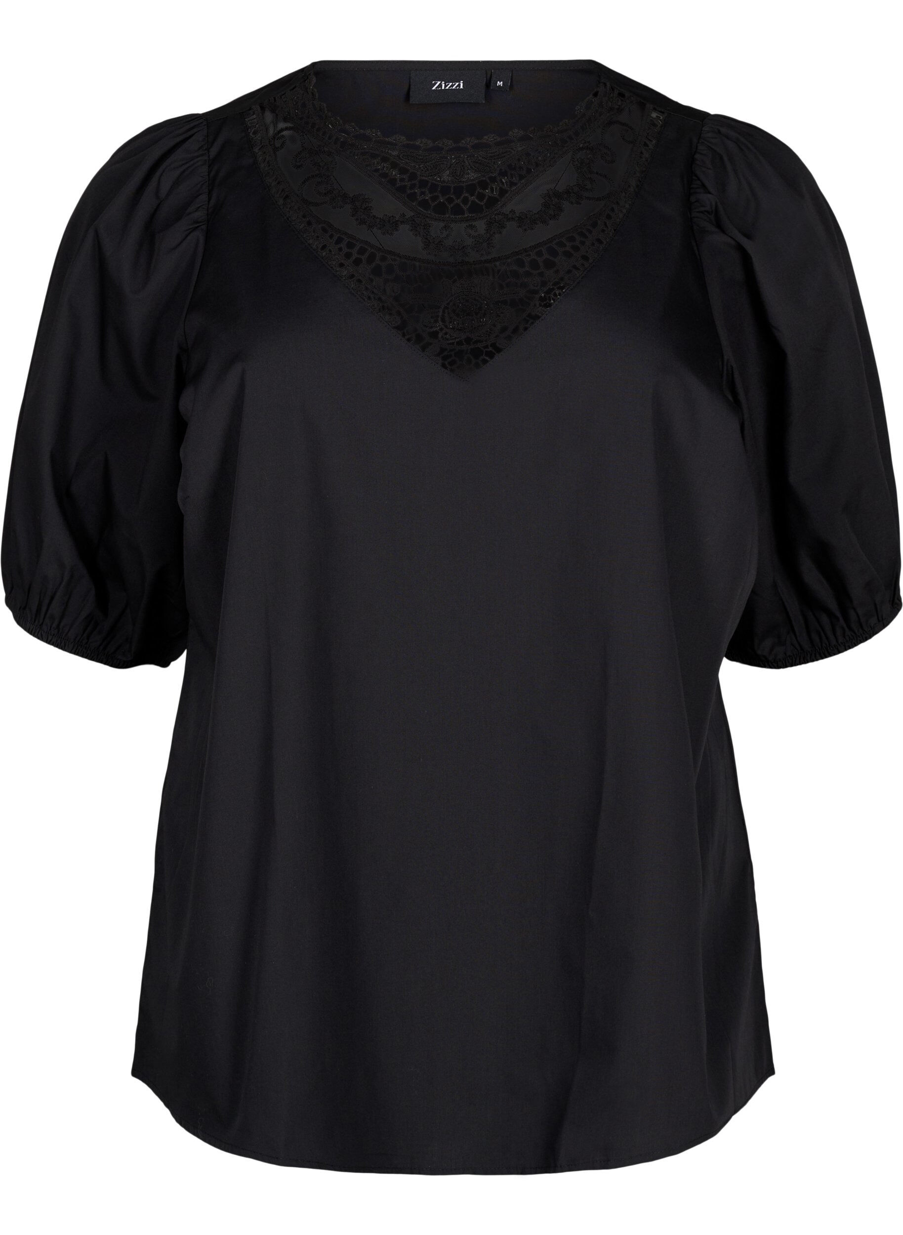 ZizziKurz&auml;rmelige Bluse mit Spitzendetail, Black, Packshot image number 0
