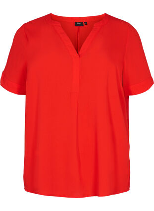 Kurzärmelige Bluse mit V-Ausschnitt, Fiery Red, Packshot image number 0