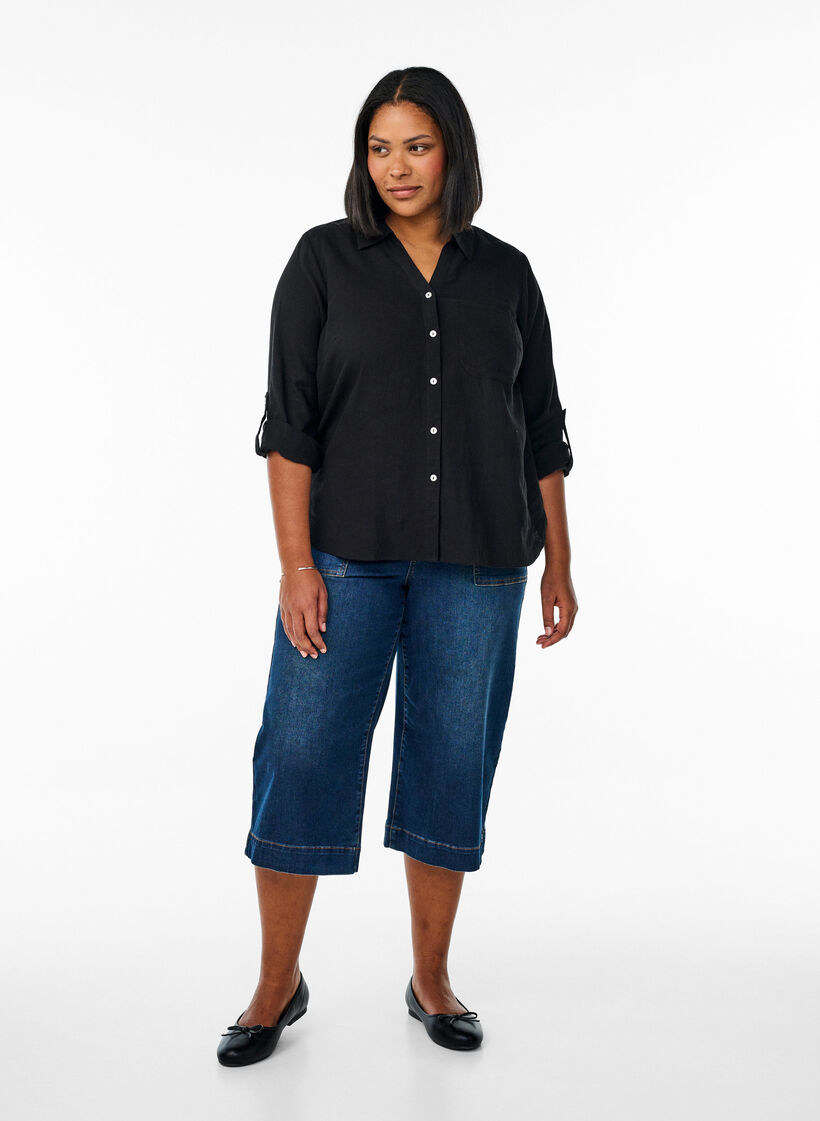 Bluse aus Leinen und Viskose mit 3/4-&Auml;rmeln, Schwarz, Model image number 1