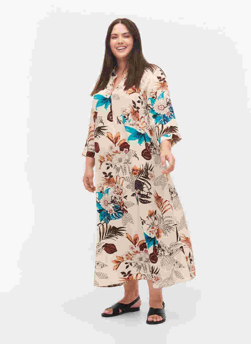 Hemdkleid aus Viskose mit Blumenmuster, Brown Flower AOP, Model image number 0
