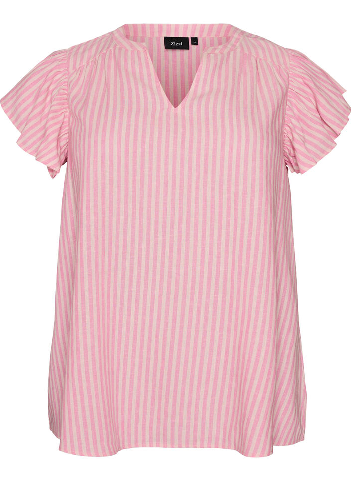 Bluse aus Viskose und Leinen mit R&uuml;schen&auml;rmeln, Pink, Packshot image number 0
