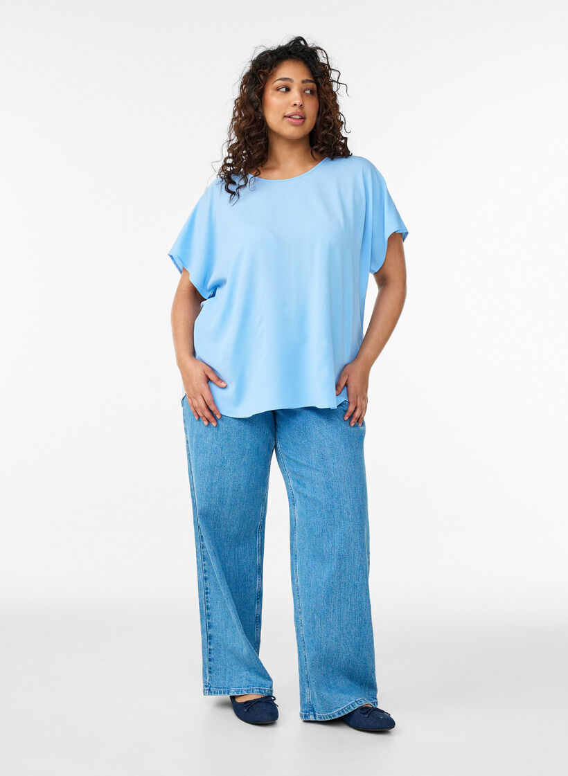 Bluse mit kurzen &Auml;rmeln und Rundhalsausschnitt, Blau, Model image number 1