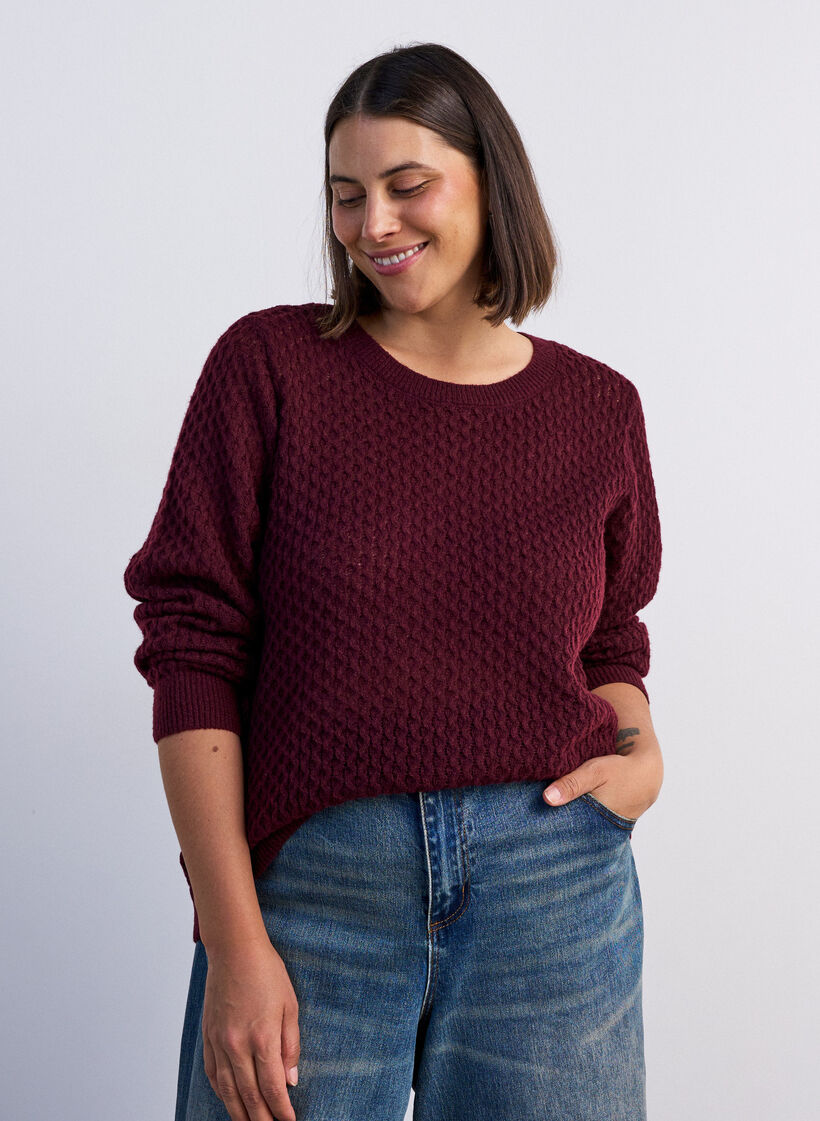Strickbluse mit strukturiertem Lochmuster, Rot, Model image number 0