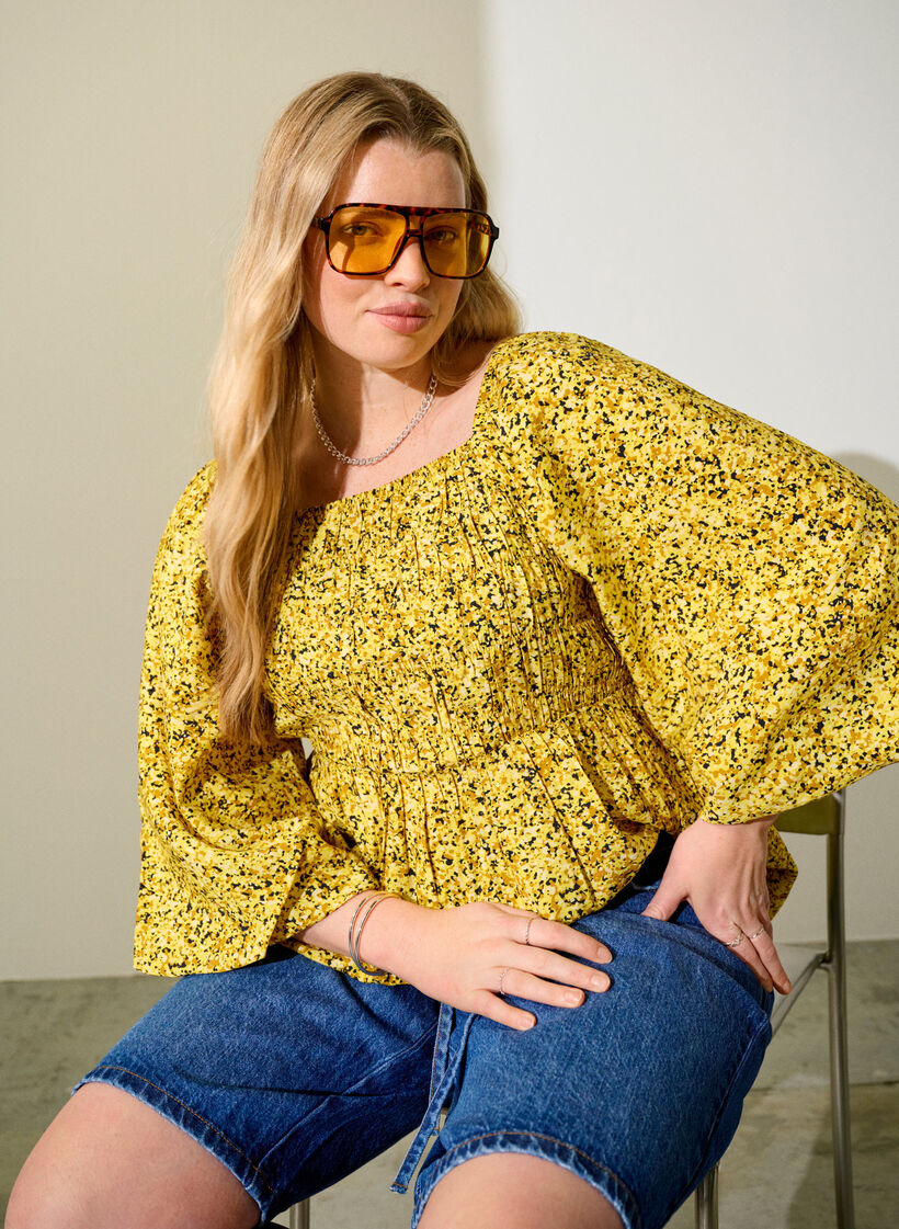 Bluse mit Smock und Karree-Ausschnitt, Gelb, Image image number 0