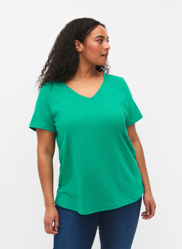Kurzärmeliges T-Shirt mit V-Ausschnitt, Simply Green, Model image number 0