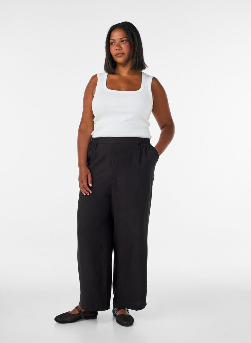 Viskosehose mit elastischem Bund und geraden Beinen, Schwarz, Model image number 0