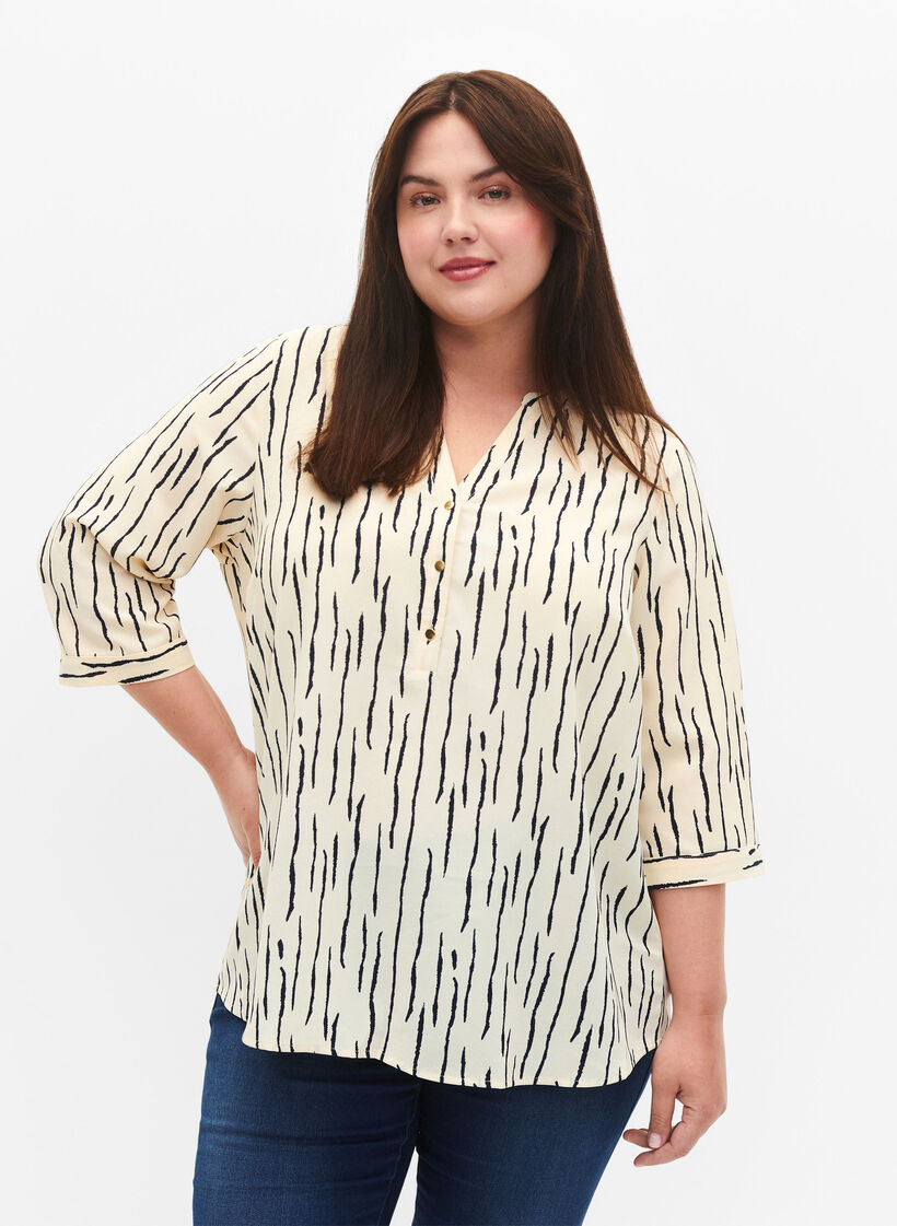 Bluse mit 3/4 Ärmeln und Druck, Off White Stripe, Model image number 0
