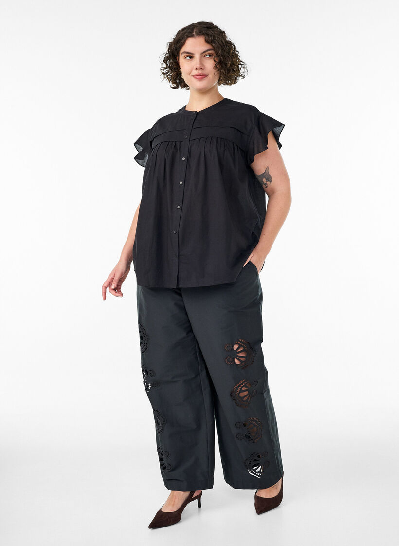 &Auml;rmellose Hemdbluse in A-Linie aus Baumwolle, Schwarz, Model image number 1