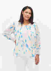Geblümte Bluse mit langen Ärmeln und V-Ausschnitt, White/Pastel Leaf, Model