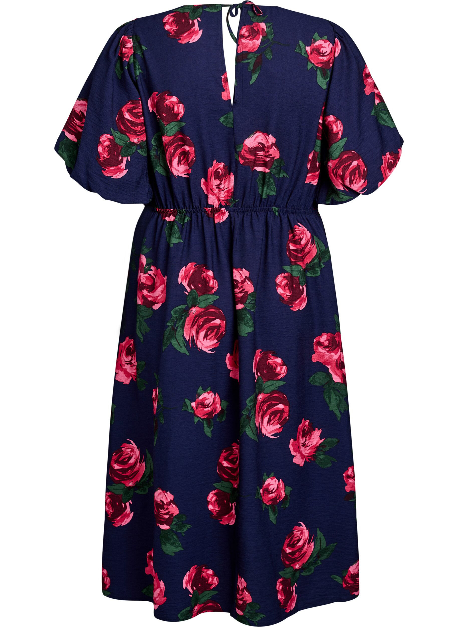 ZizziMidikleid mit Rosenprint und kurzen Ballon&auml;rmeln, Blau, Packshot image number 1