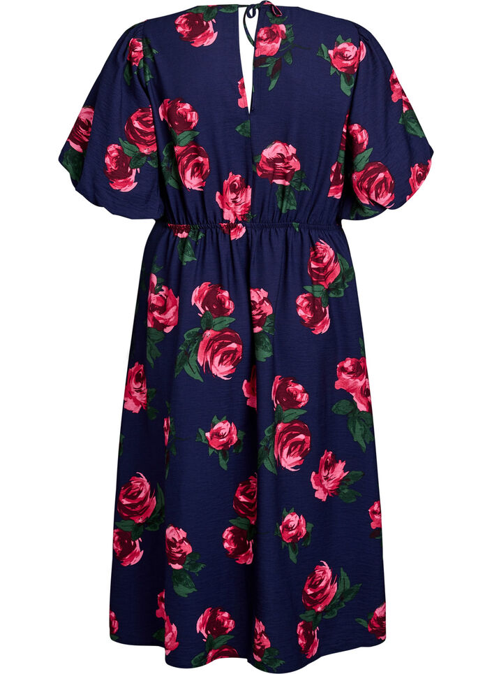 Midikleid mit Rosenprint und kurzen Ballon&auml;rmeln, Blau, Packshot image number 1