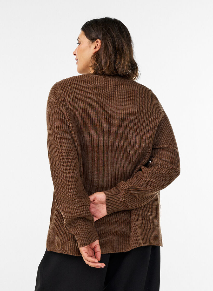 Strickbluse mit Rippstruktur und Knopfdetails, Braun, Model image number 2