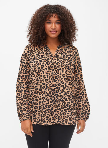 Langarm Bluse mit Print und V-Ausschnitt, Leopard, Model image number 0