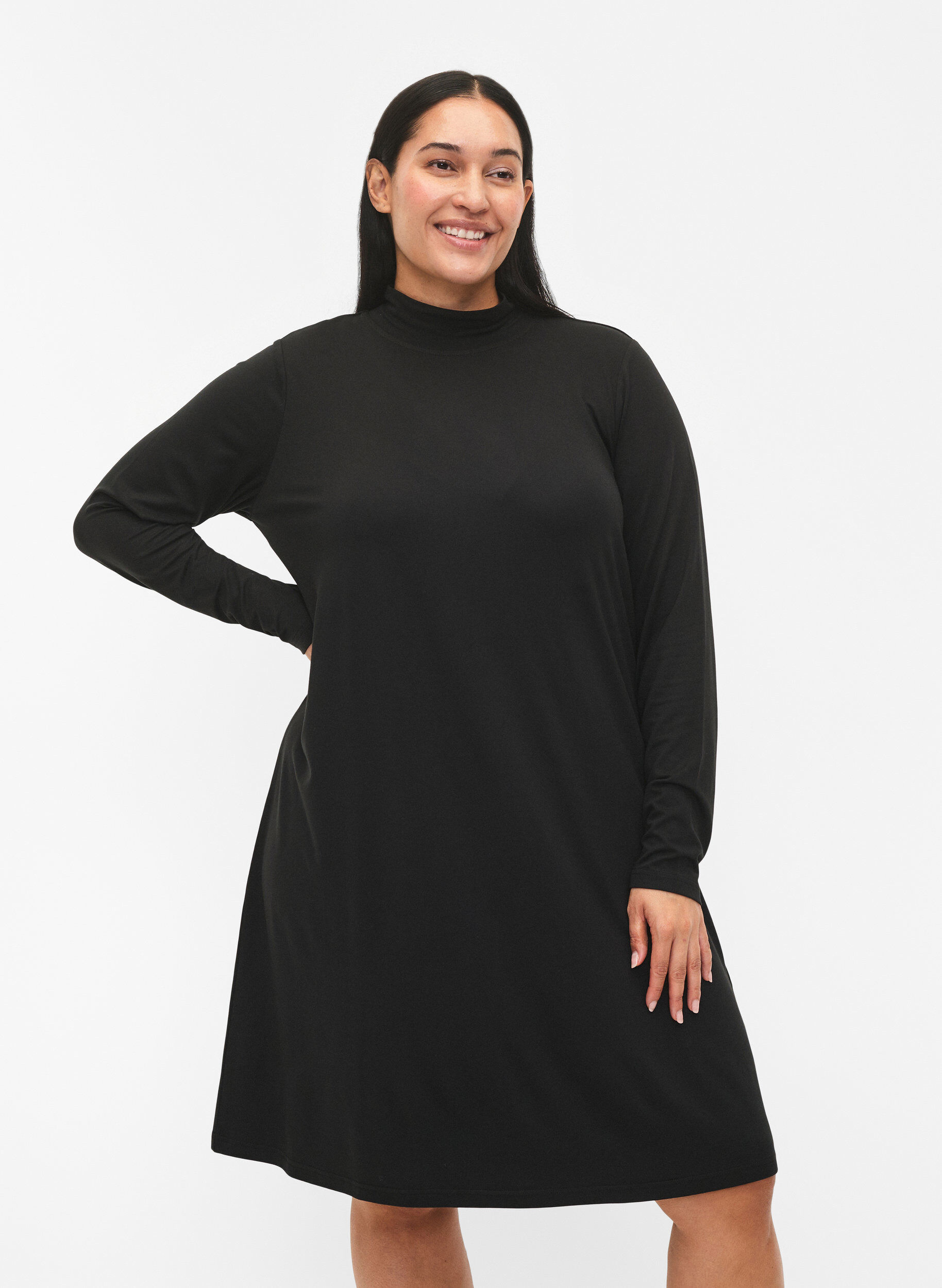 FLASH &ndash; Lang&auml;rmeliges Kleid mit Rollkragen, Schwarz, Model