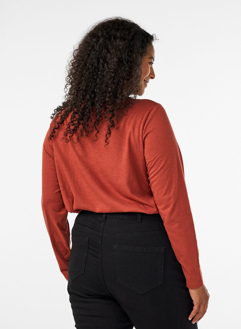 Langarmshirt mit V-Ausschnitt und Kn&ouml;pfen, Braun, Model image number 2