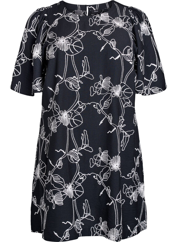 Kurzes A-Linienkleid mit Stickmuster, Schwarz, Packshot image number 0