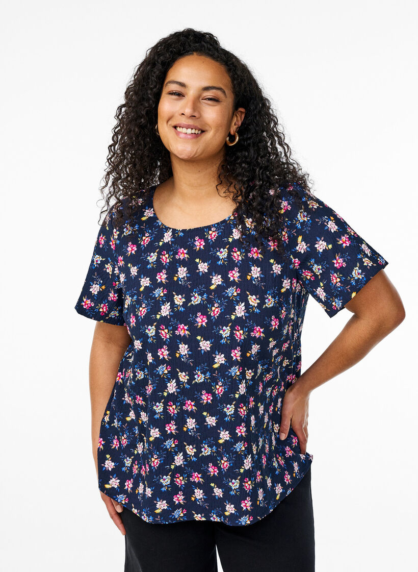 FLASH - Bluse mit Struktur und kurzen Ärmeln, Blau, Model image number 0