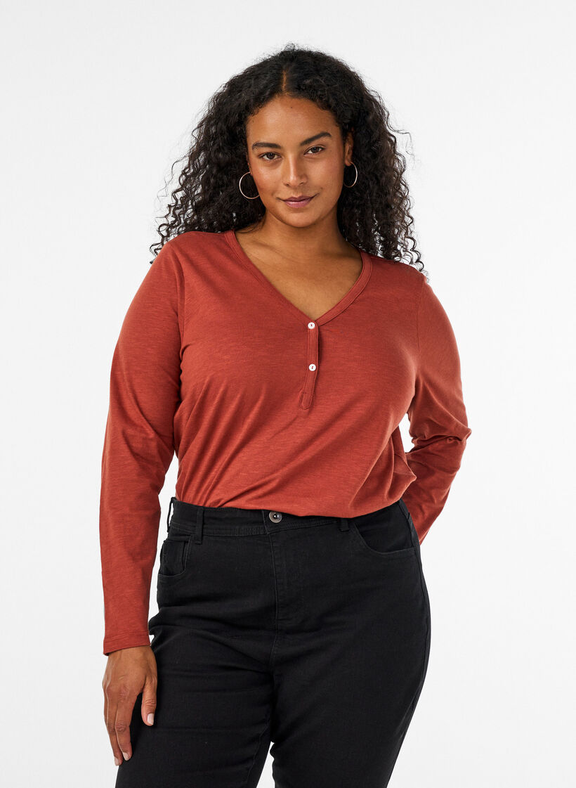 Langarmshirt mit V-Ausschnitt und Kn&ouml;pfen, Braun, Model image number 0