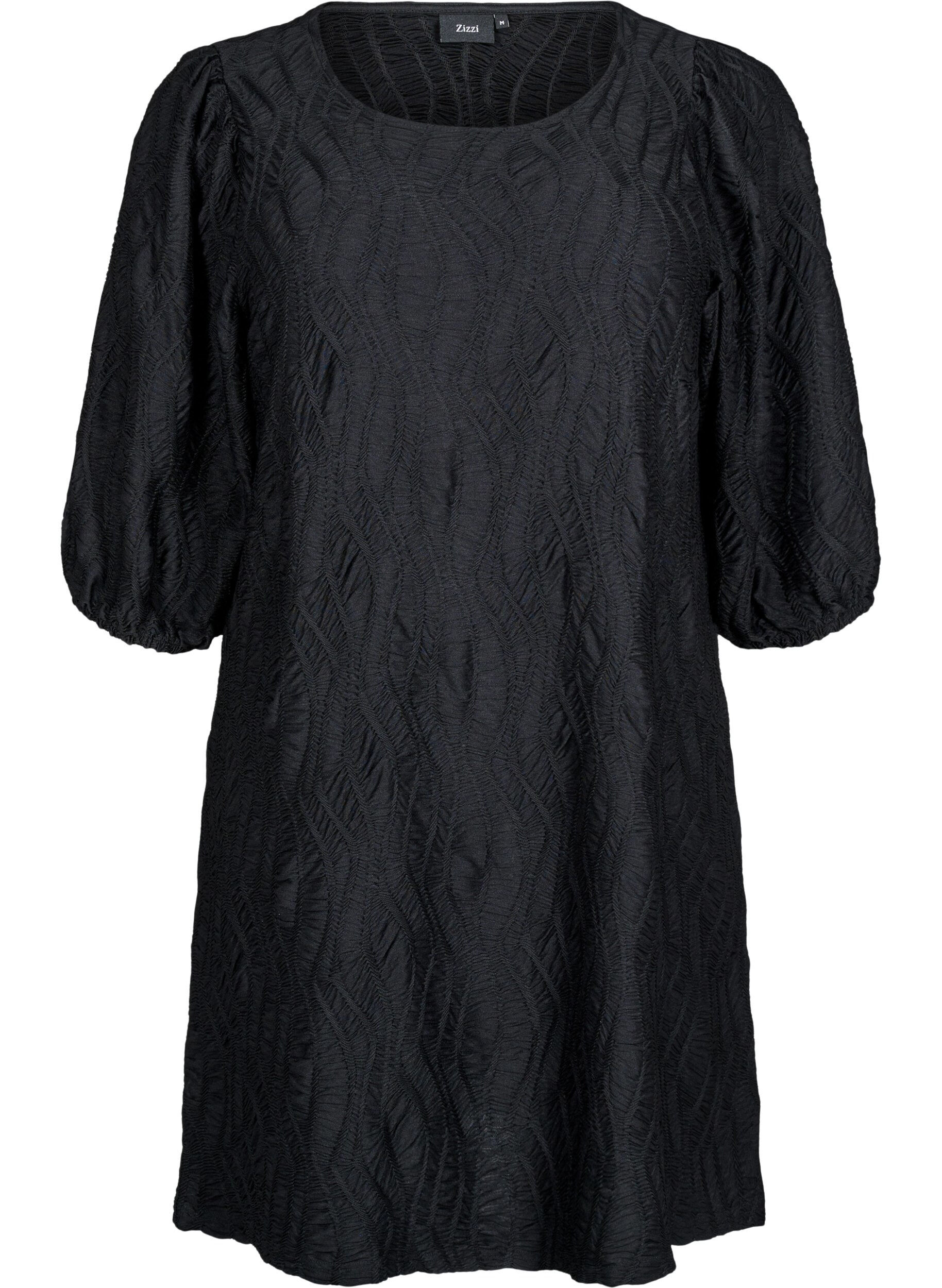 ZizziKurzes Kleid mit Struktur und 3/4-&Auml;rmeln, Schwarz, Packshot image number 0