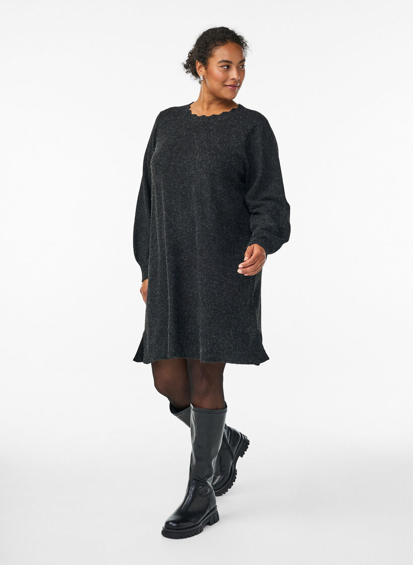 Gestricktes Minikleid mit gewelltem Saum und Schlitzen, Grau, Model image number 0