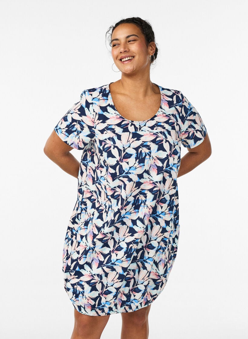 Kurz&auml;rmliges Baumwollkleid mit Aufdruck, Blau, Model image number 0