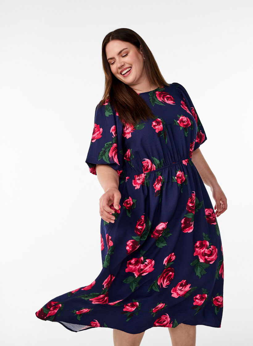 Midikleid mit Rosenprint und kurzen Ballon&auml;rmeln, Blau, Model image number 3