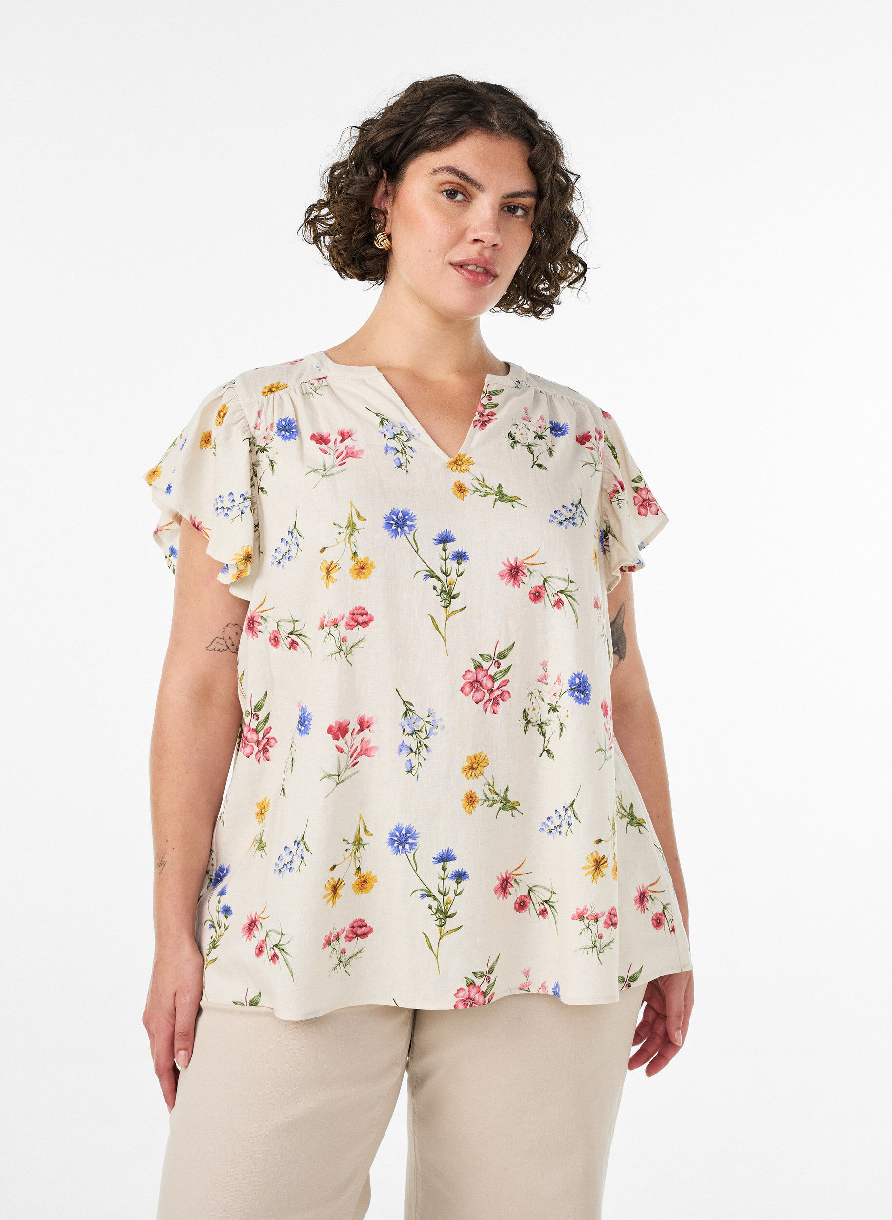 ZizziBluse aus Viskose und Leinen mit R&uuml;schen&auml;rmeln, Beige, Model image number 0