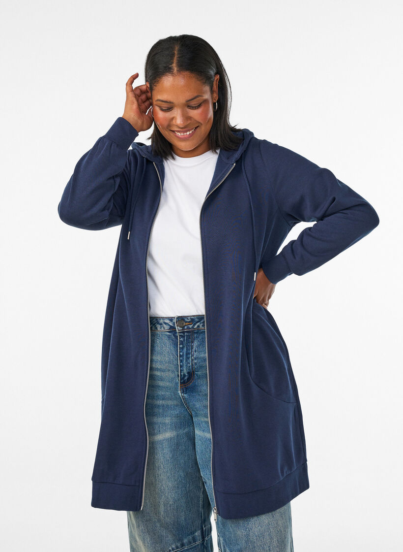 Langer Hoodie mit Rei&szlig;verschluss und Taschen, Blau, Model image number 0