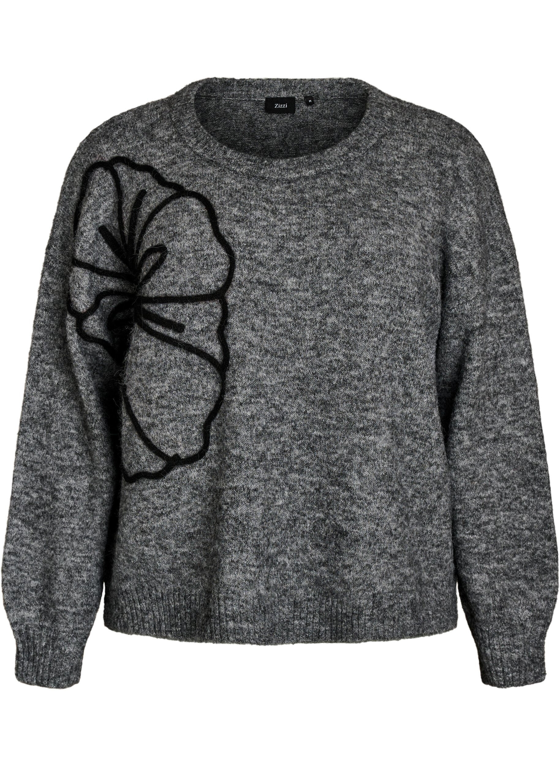 ZizziPullover mit Blumenapplikation, Grau, Packshot image number 0