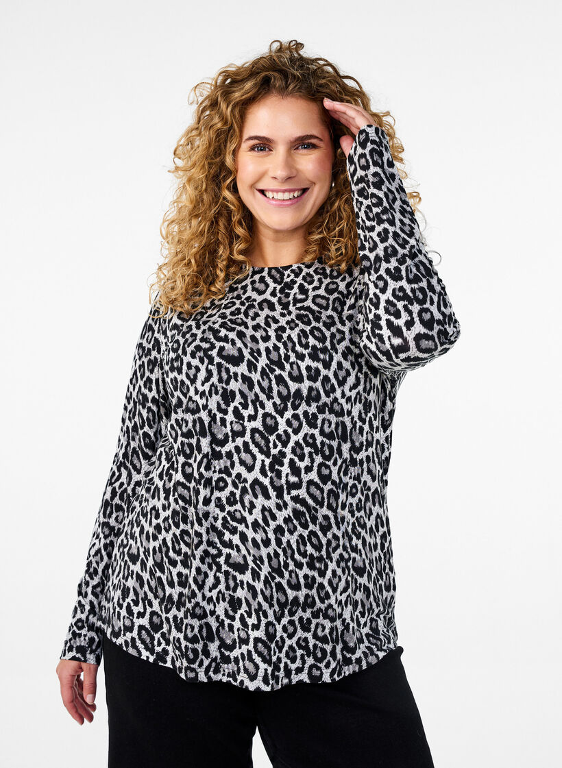 Langärmlige Bluse mit Leopardenmuster, Grau, Model image number 0