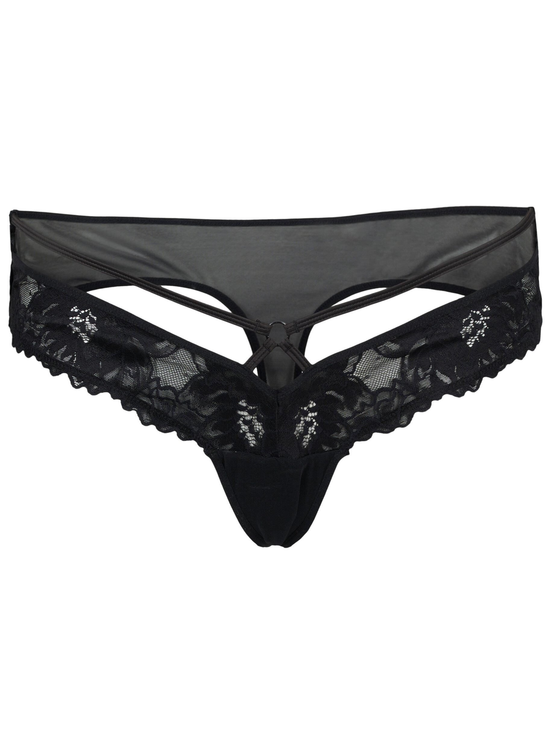 ZizziSpitzen G-String mit Mesh, Black, Packshot image number 0