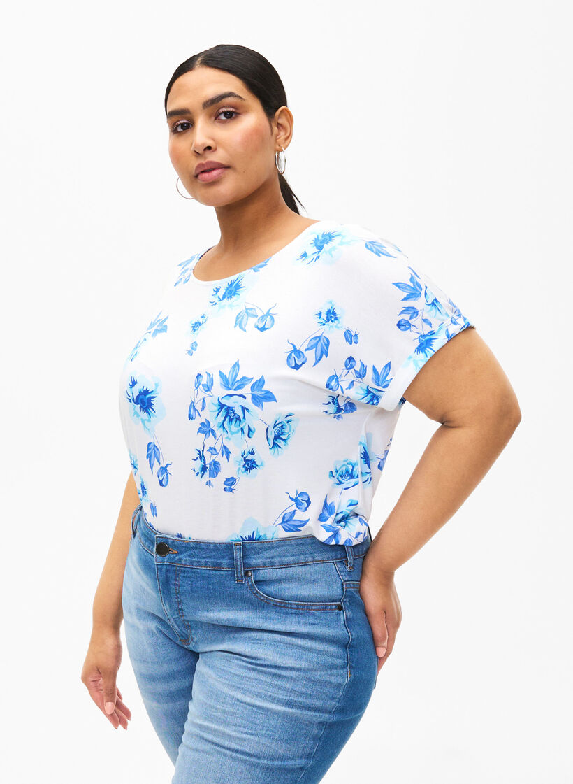 Geblümte Bluse aus Viskose mit kurzen Ärmeln, White Blue AOP, Model image number 0