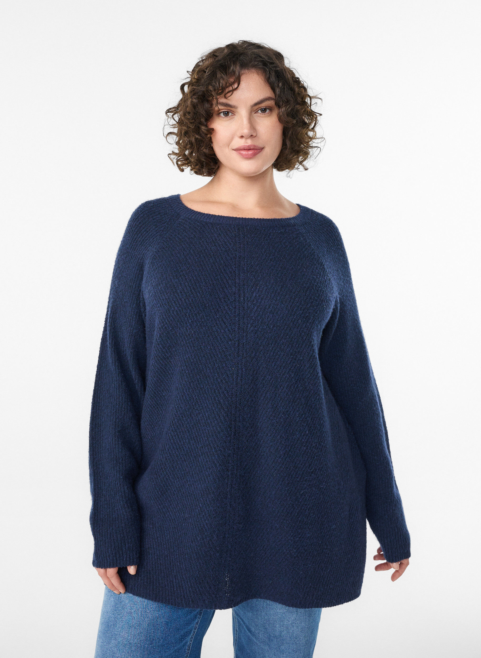 ZizziStrickpullover mit diagonalem Muster und Raglan&auml;rmeln, Blau, Model image number 0