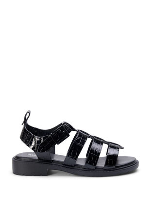 Weit geschnittene Sandale aus glänzendem Krokodilleder, Black, Packshot image number 0