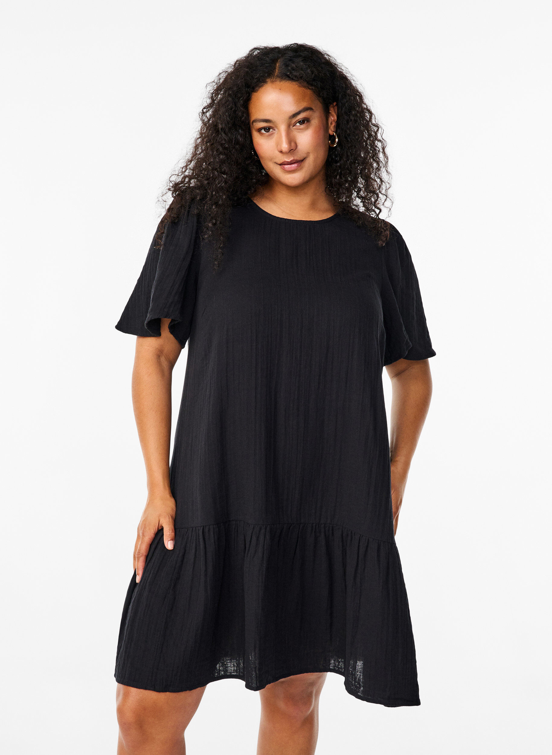 ZizziKurz&auml;rmliges Kleid aus Baumwolle mit A-Linien-Schnitt, Schwarz, Model image number 0
