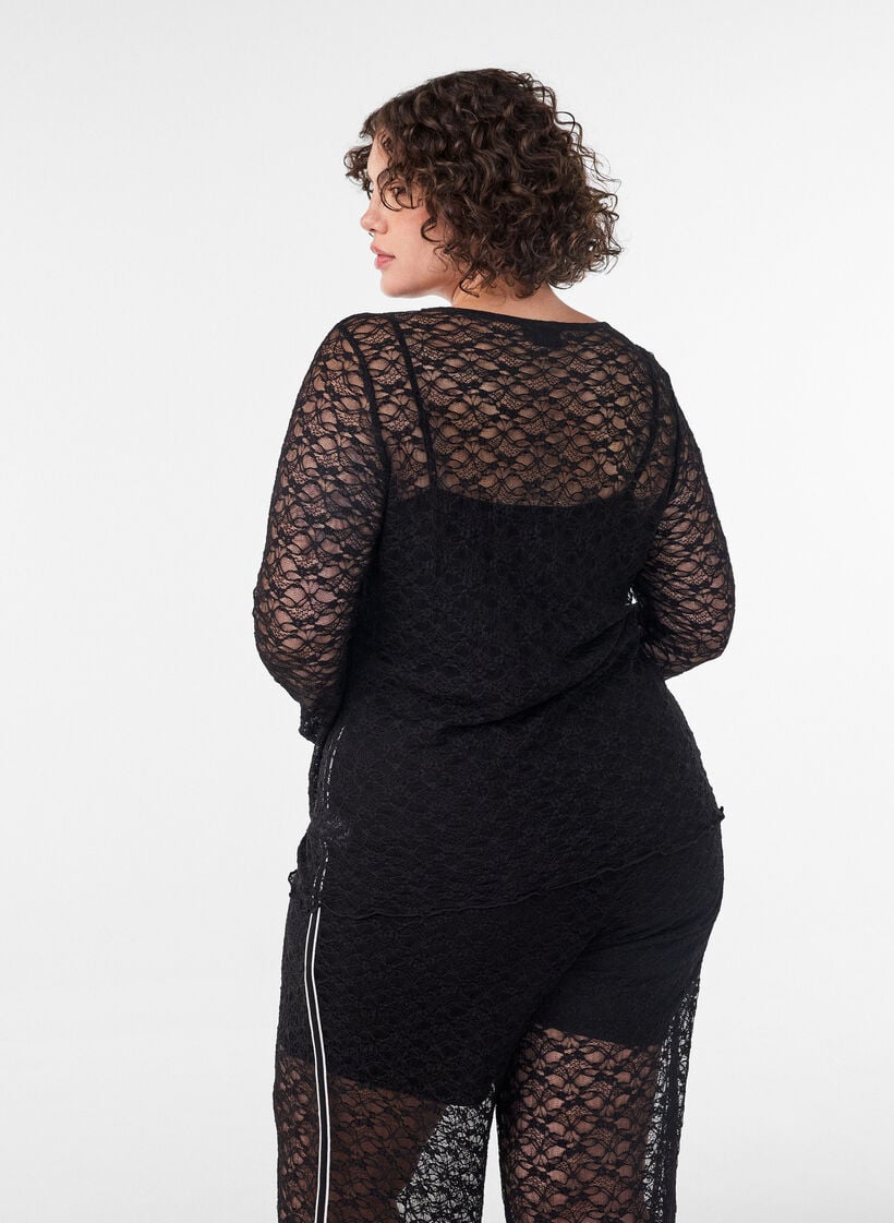 Transparente Bluse aus Spitze mit langen &Auml;rmeln, Schwarz, Model image number 2
